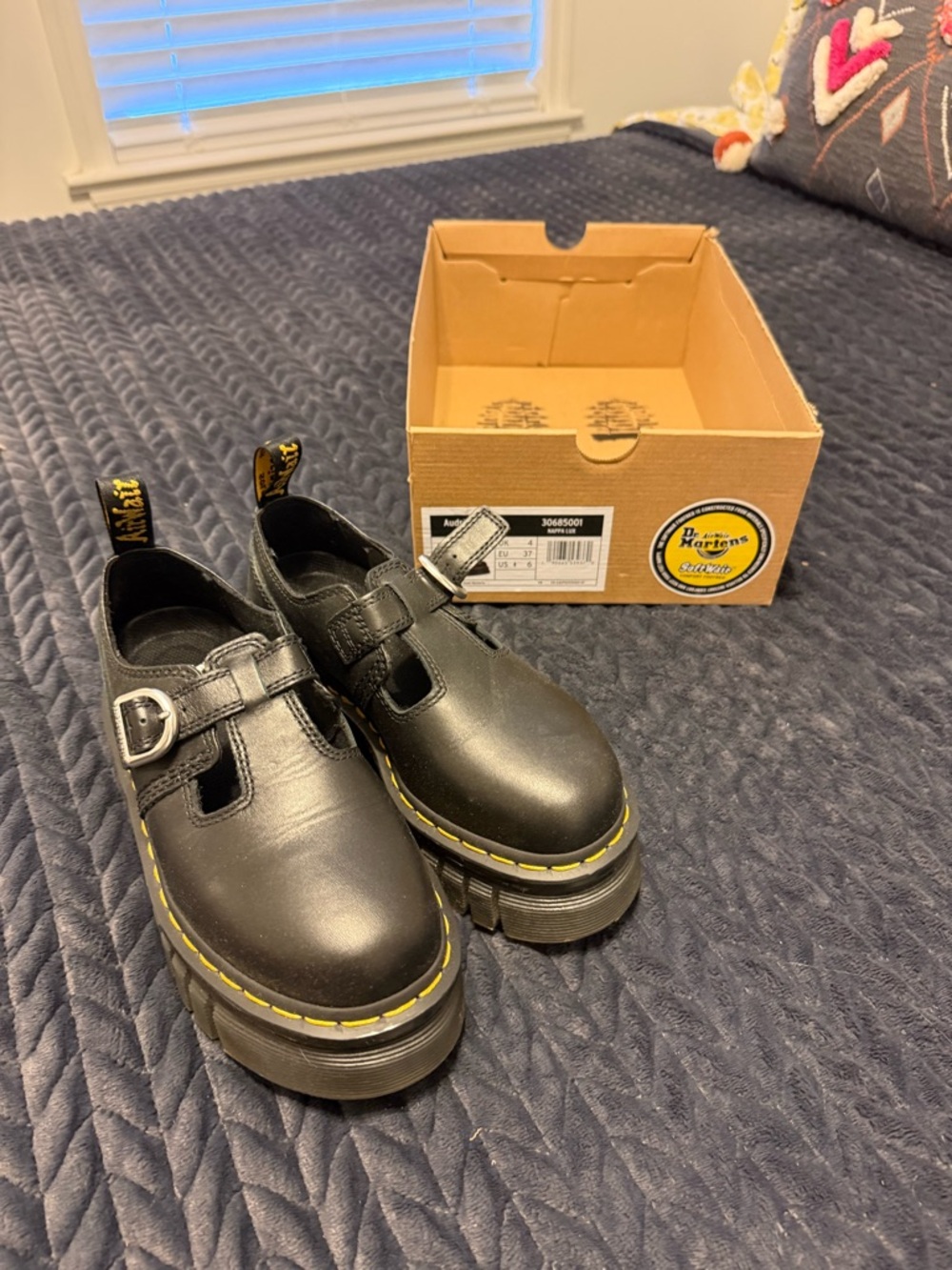 Dr. Martens Kids Black T-Bar Shoes with Yellow Stitching